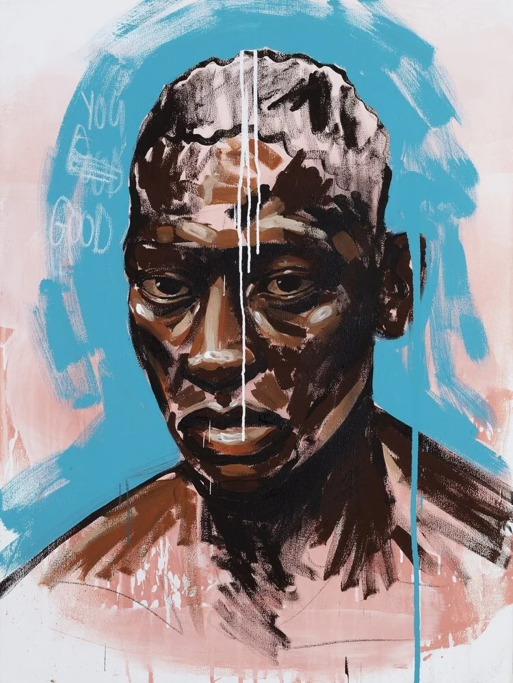 A stylized portrait of a person with dark skin and short hair, rendered in black, brown, and pink tones, with a blue background and white graffiti-like markings on the left side.