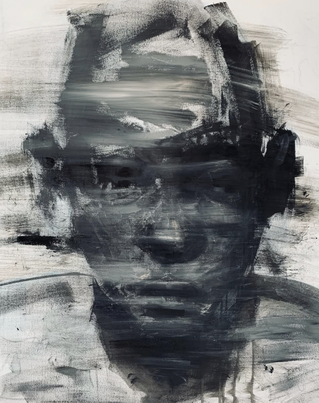 Black and white abstract portrait of the artist with a dark contemplative expression.