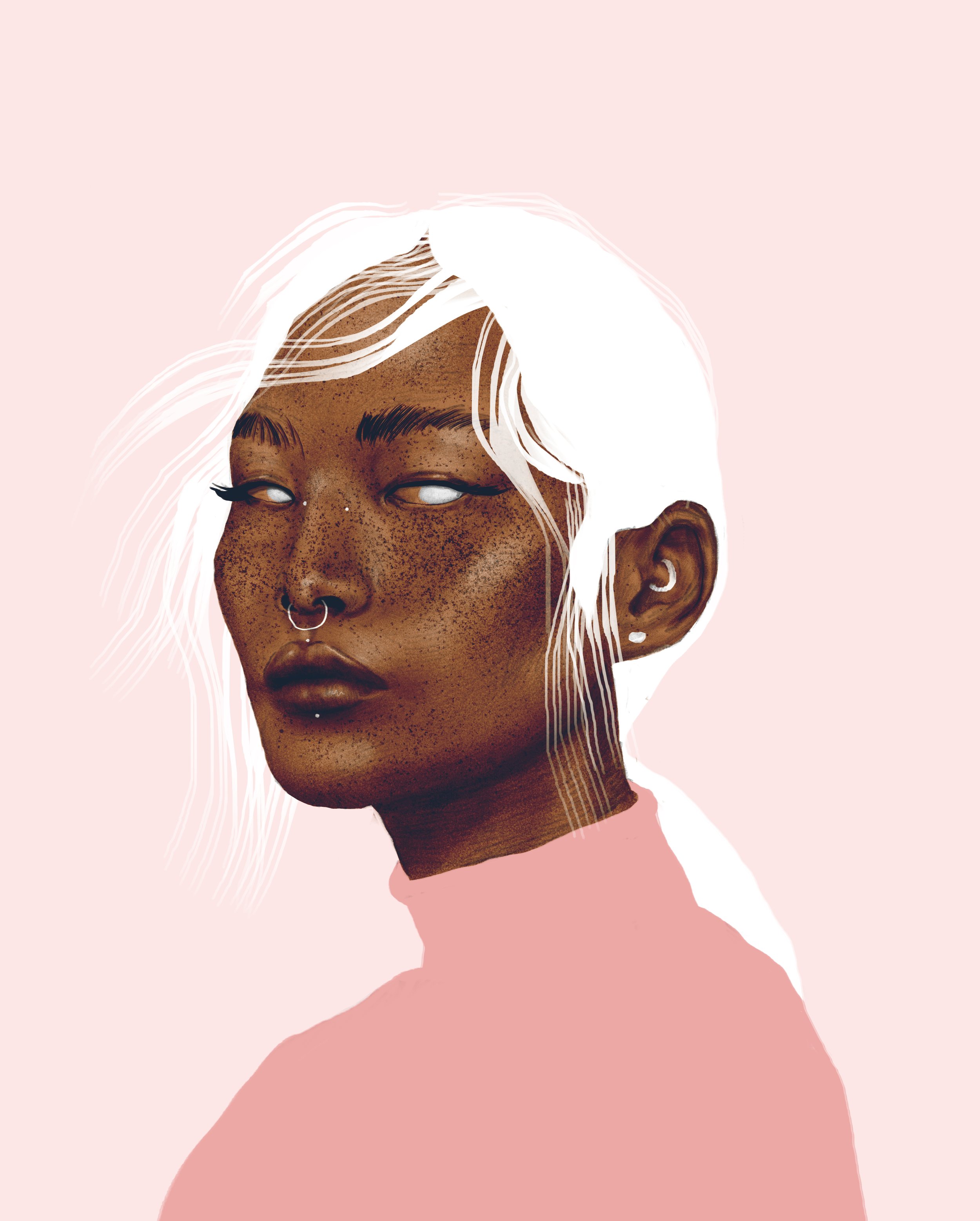 Digital stylized portrait of a woman with dark skin, white hair, white eyes, and facial freckles, wearing earrings and a septum piercing, set against a pink background.