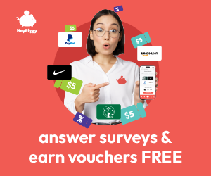 Young woman holding a smartphone with a surprised expression surrounded by icons of surveys, vouchers, Amazon, Nike, and Starbucks on a red background, promoting earning rewards by answering surveys.