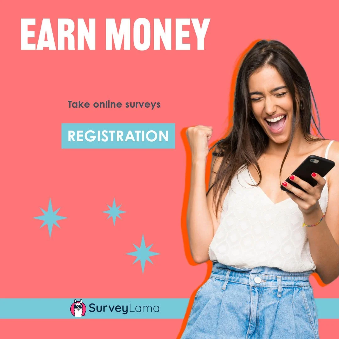 A woman smiling excitedly while looking at her phone against a pink background with blue stars, advertising earning money through online surveys with a registration button and logo of Surveylama.