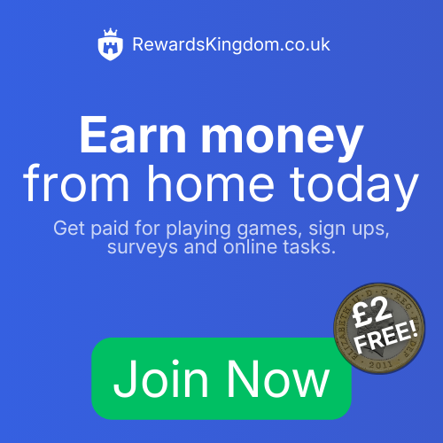 Online rewards website promotion with a blue background, white text, a green 'Join Now' button, and a gold badge offering a free £2 reward.