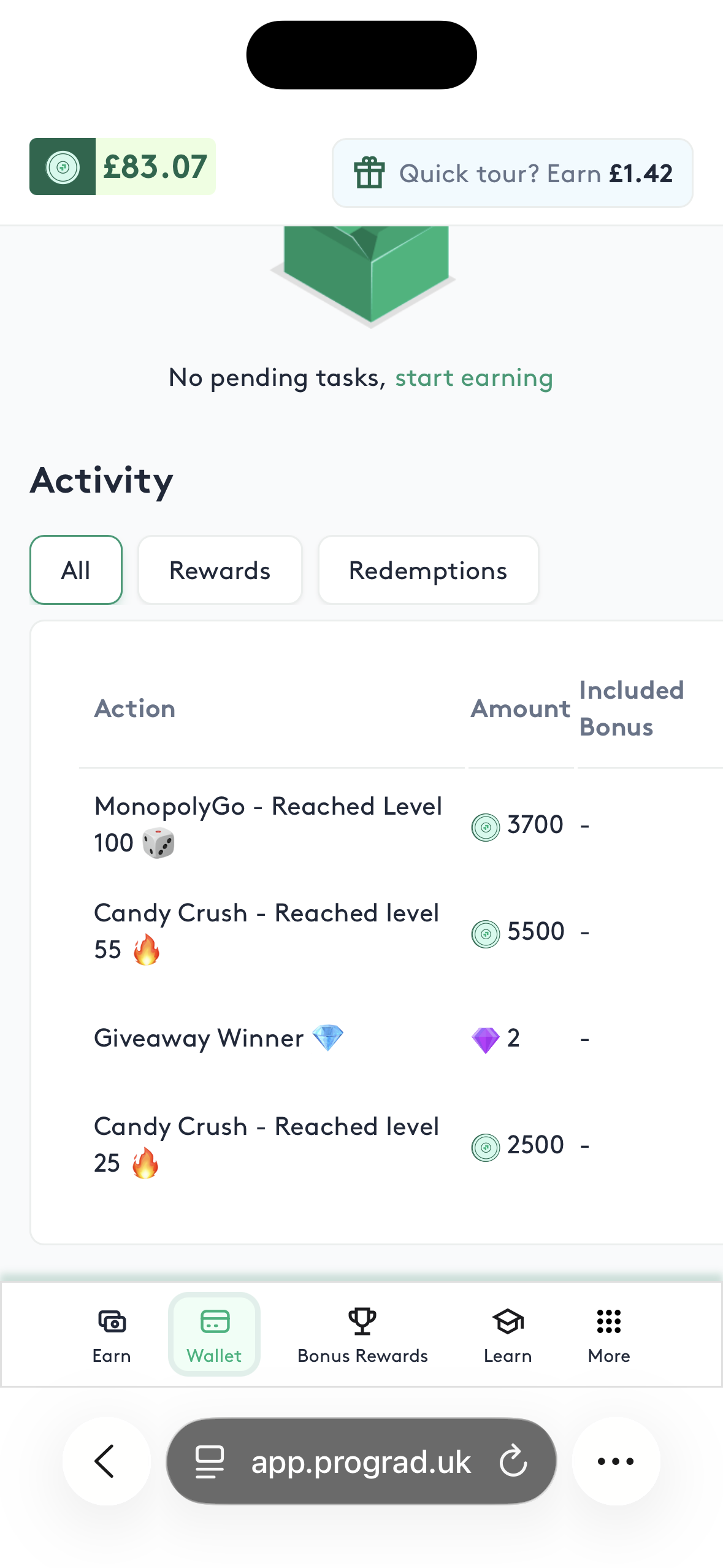Screenshot of a mobile app wallet page showing earnings of £83.07, with activities like reaching levels in MonopolyGo and Candy Crush, and a giveaway winner of 2 diamonds.