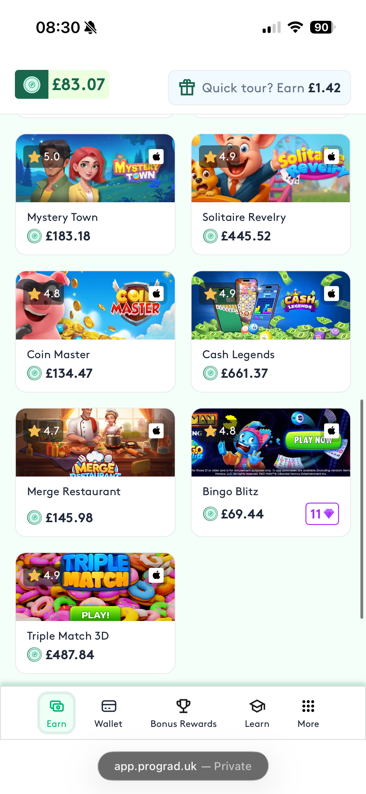 Screenshot of a mobile app interface showing various online games and their earnings, including Mystery Town, Solitaire Revelry, Coin Master, Cash Legends, Merge Restaurant, Bingo Blitz, and Triple Match 3D.