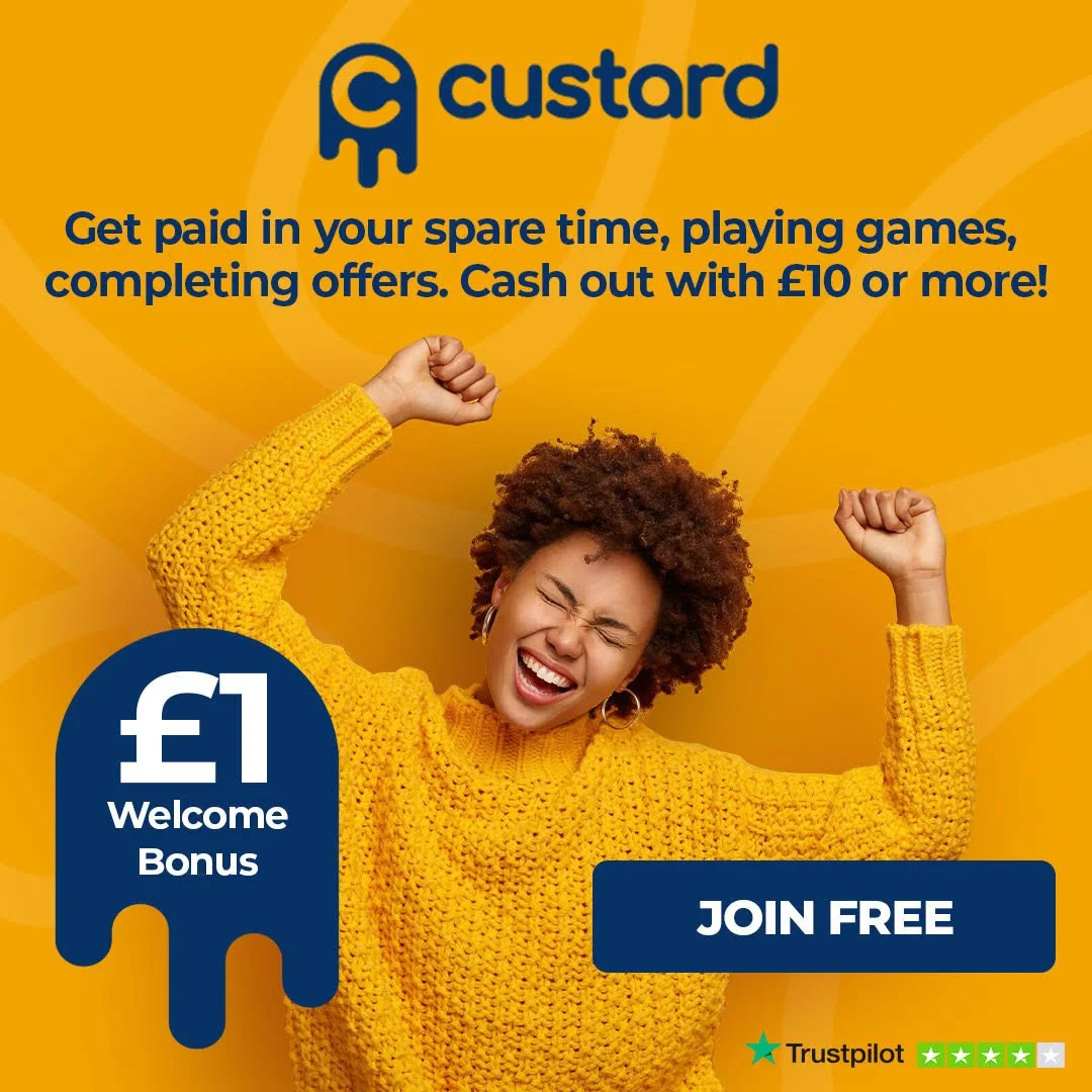 A woman in a yellow sweater with curly hair, smiling and raising her fists in a celebratory gesture, advertising a welcome bonus offer from Custard with a call to action to join for free.