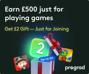 Promotion offer for earning £500 by playing games and receiving a £2 gift for joining, featuring game icons and a gift box.