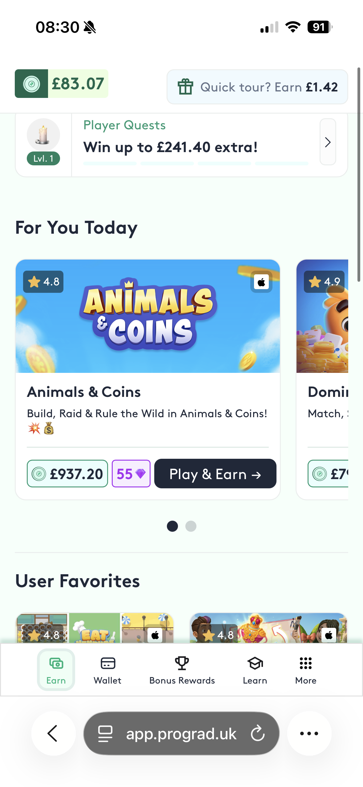 Mobile app interface showing a game called "Animals & Coins" where players build, raid, and rule the wild in animals and coins. The game has a score of 937.20 pounds, 55 diamonds, and a "Play & Earn" button.