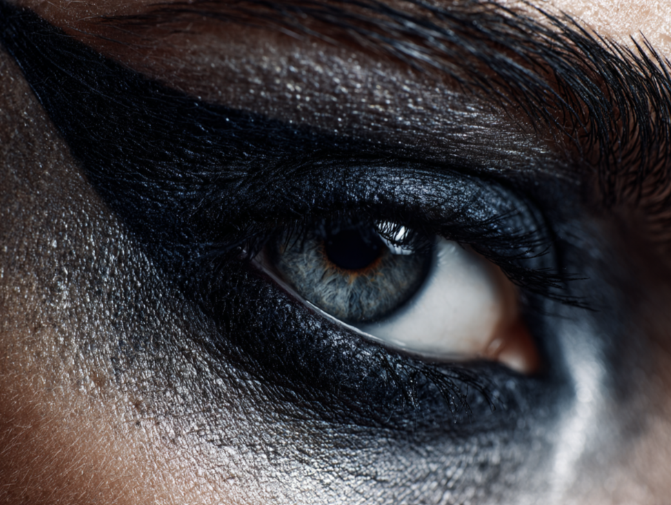 Close-up of a human eye with dark makeup and textured skin around.