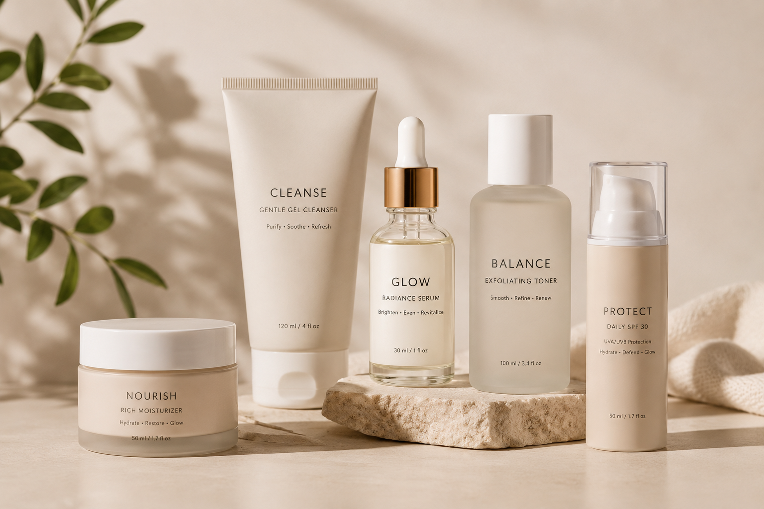 Skincare products including nourish moisturizer, cleanse gel, glow serum, balance toner, and protect SPF 30, arranged on a stone slab with greenery in the background.