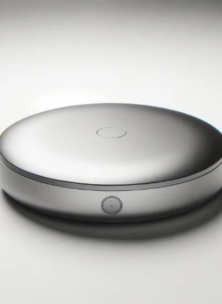 A sleek, circular, metallic device with a smooth top surface and a small button on the side.
