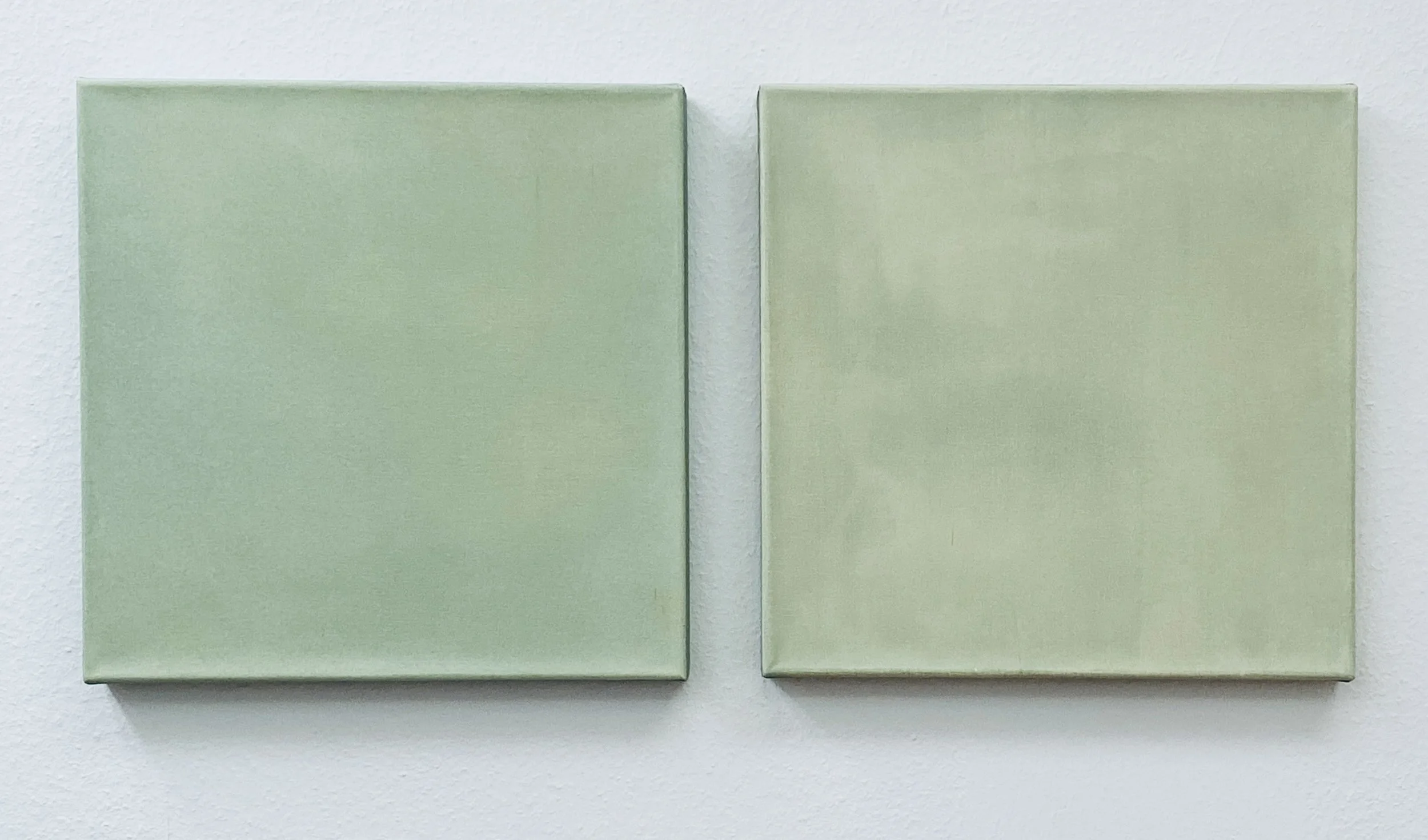 Two framed rectangular abstract paintings with shades of green, mounted side by side on a white wall.