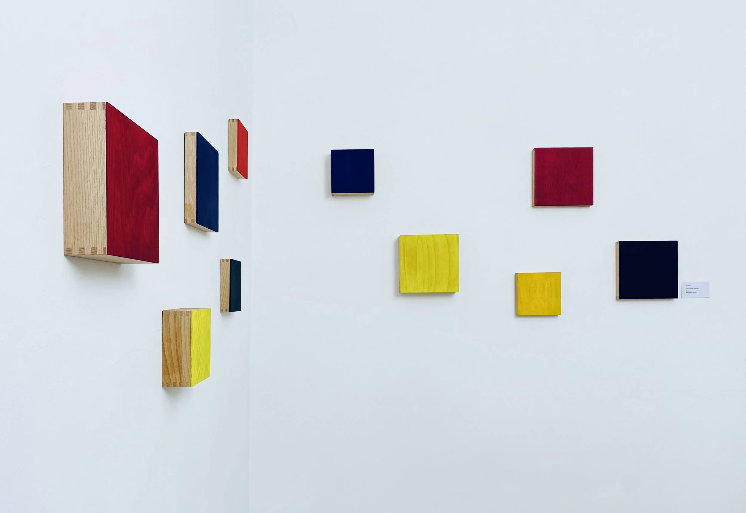 Abstract artwork featuring colorful rectangular wooden blocks mounted on a white wall.