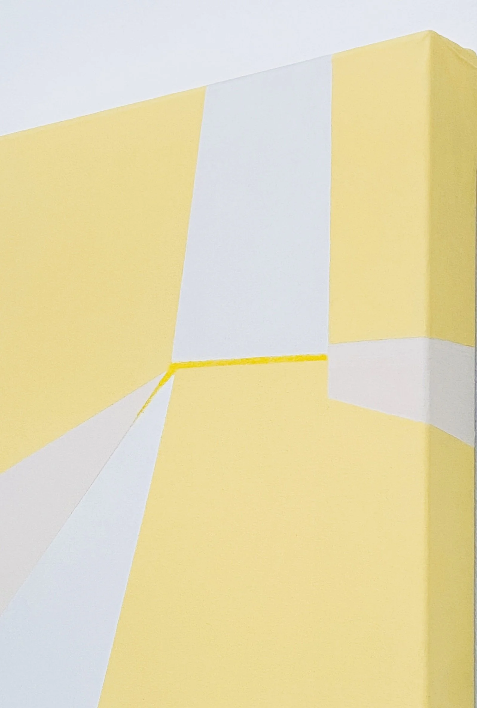 A geometric painting with yellow, white, and light blue shapes and clean lines.