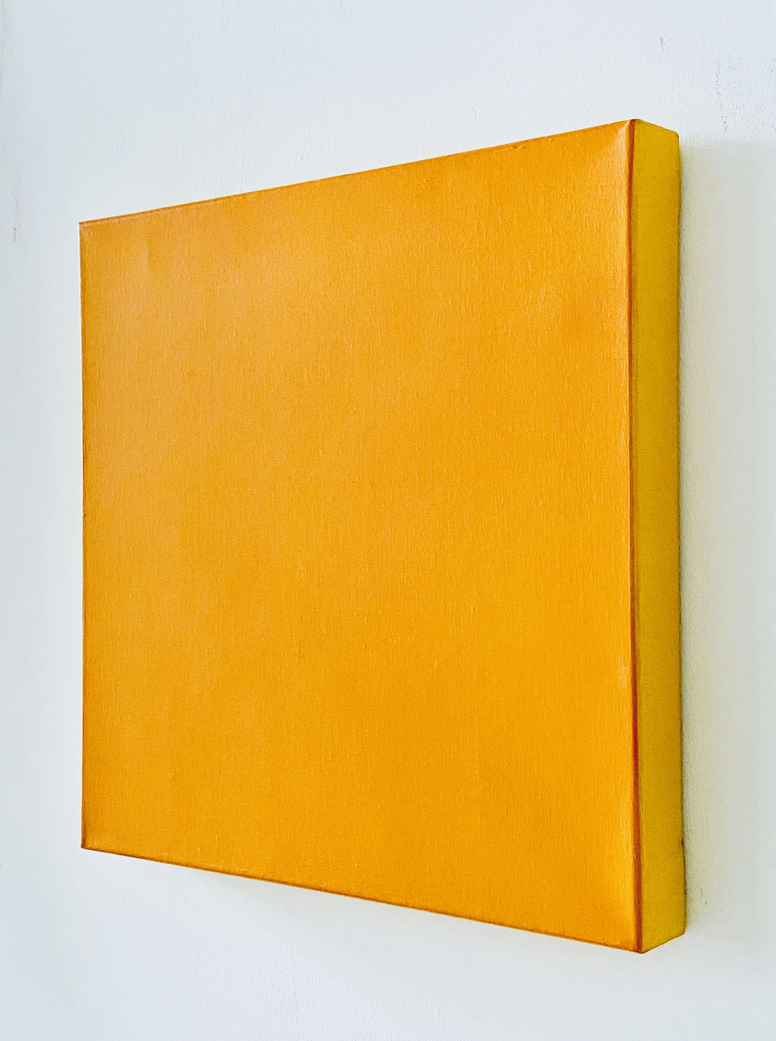Orange canvas artwork mounted on a white wall.
