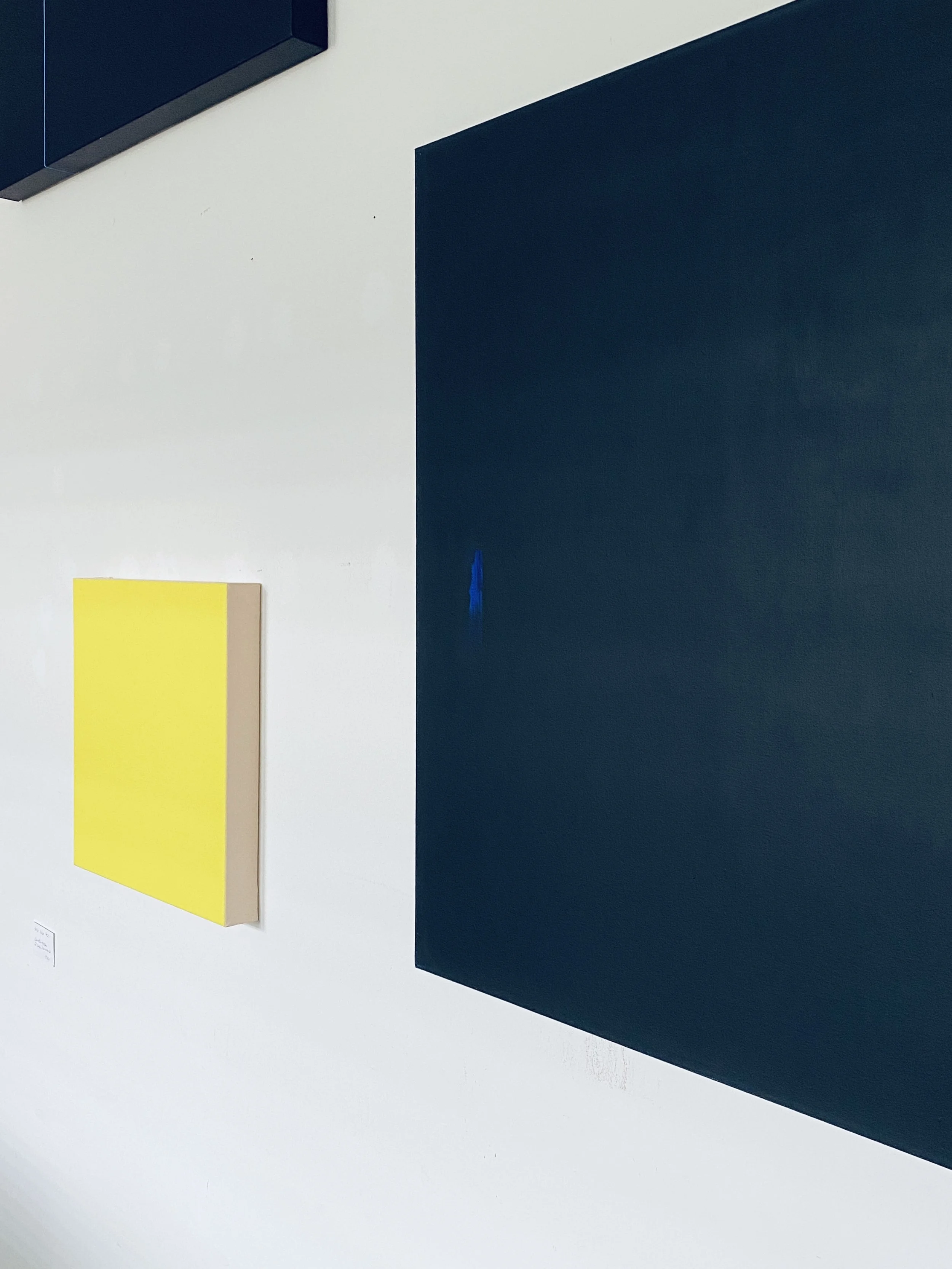 Modern art gallery wall featuring a yellow rectangular artwork on a white wall and black wall, with a small blue object on the black surface.