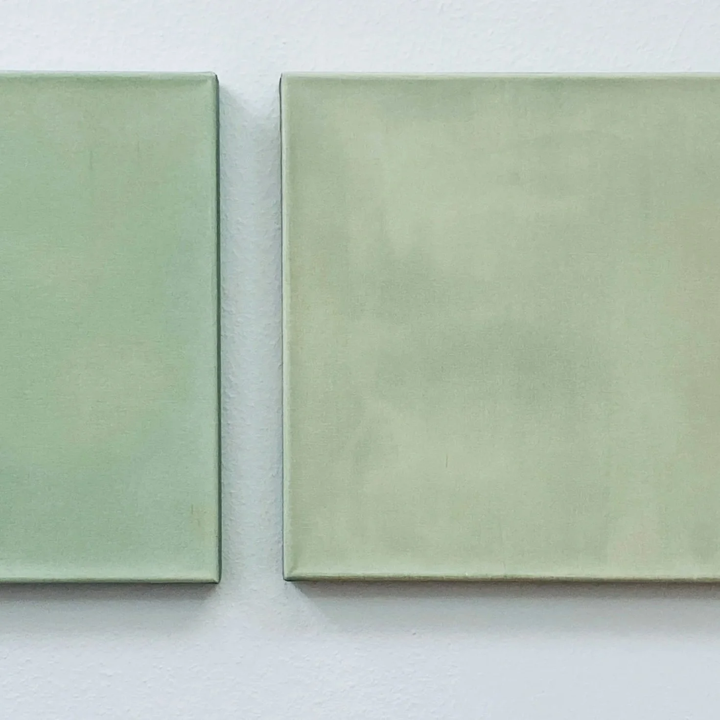 Close-up of two pastel green wall-mounted panels separated by a white wall, with a smooth texture.