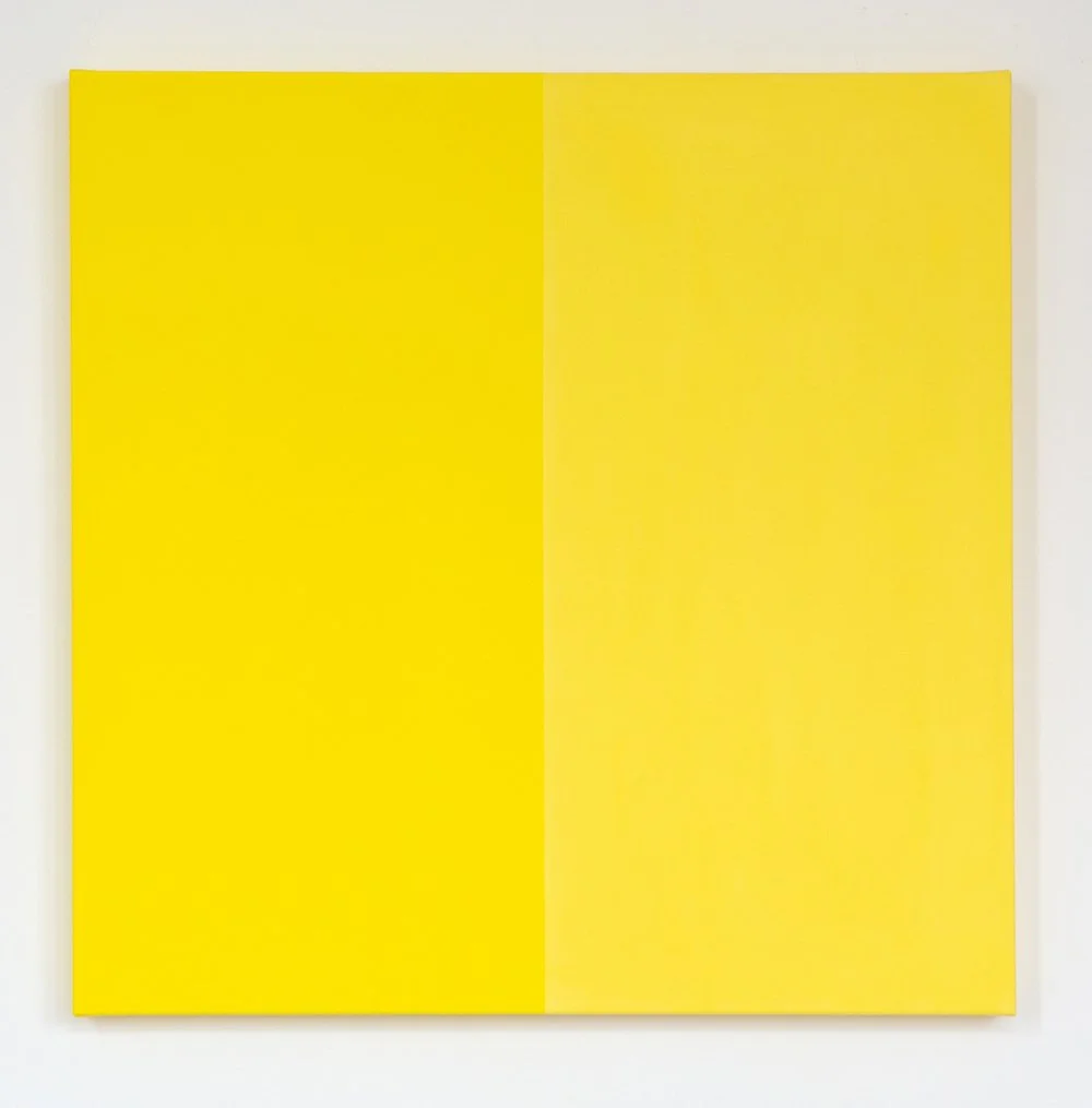 Abstract artwork with two yellow panels, one slightly darker than the other, mounted on a white wall.