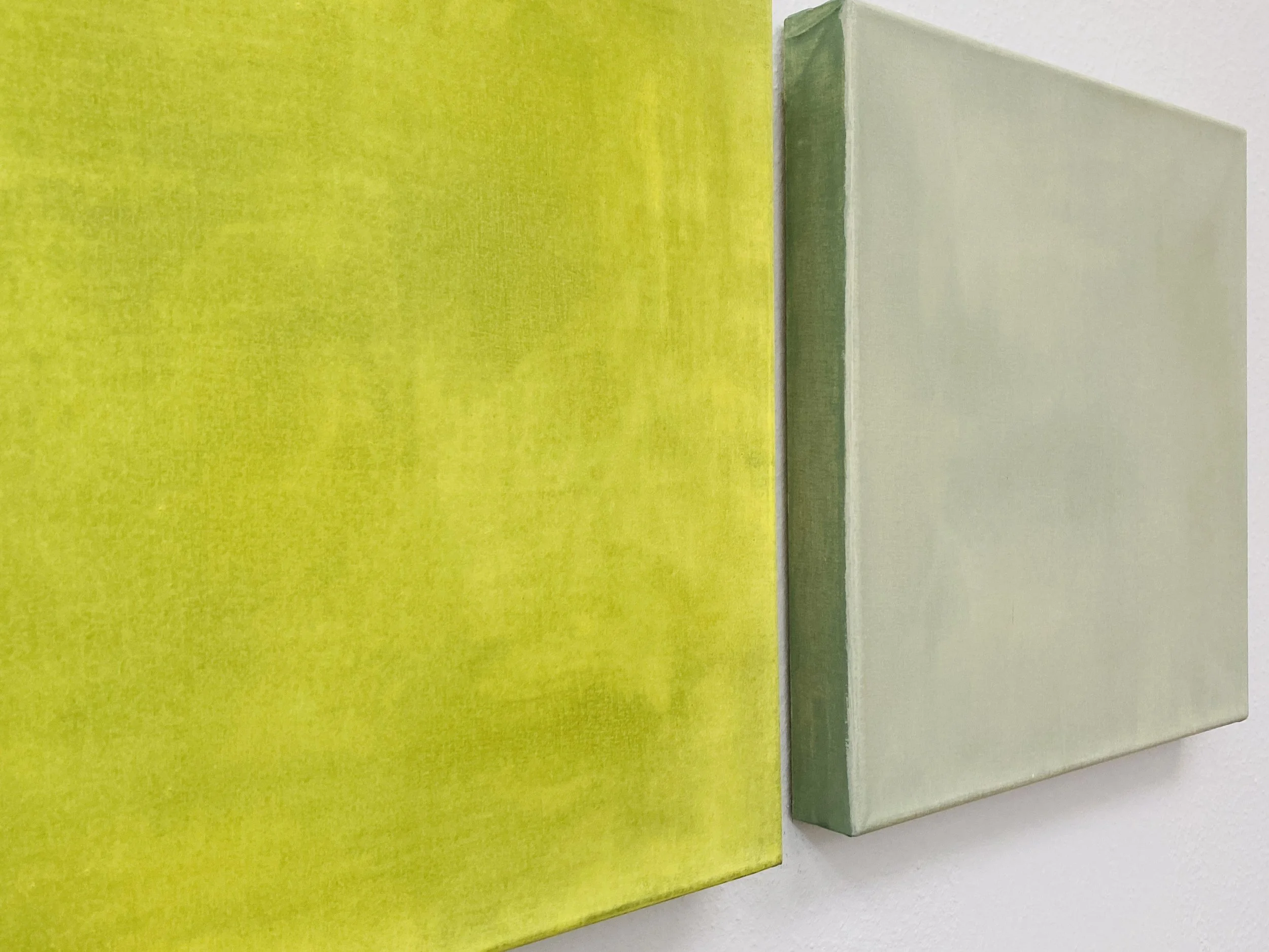 Close-up of two paint color samples, one bright yellow-green and one muted light green, with the yellow-green on the left and the light green on the right.