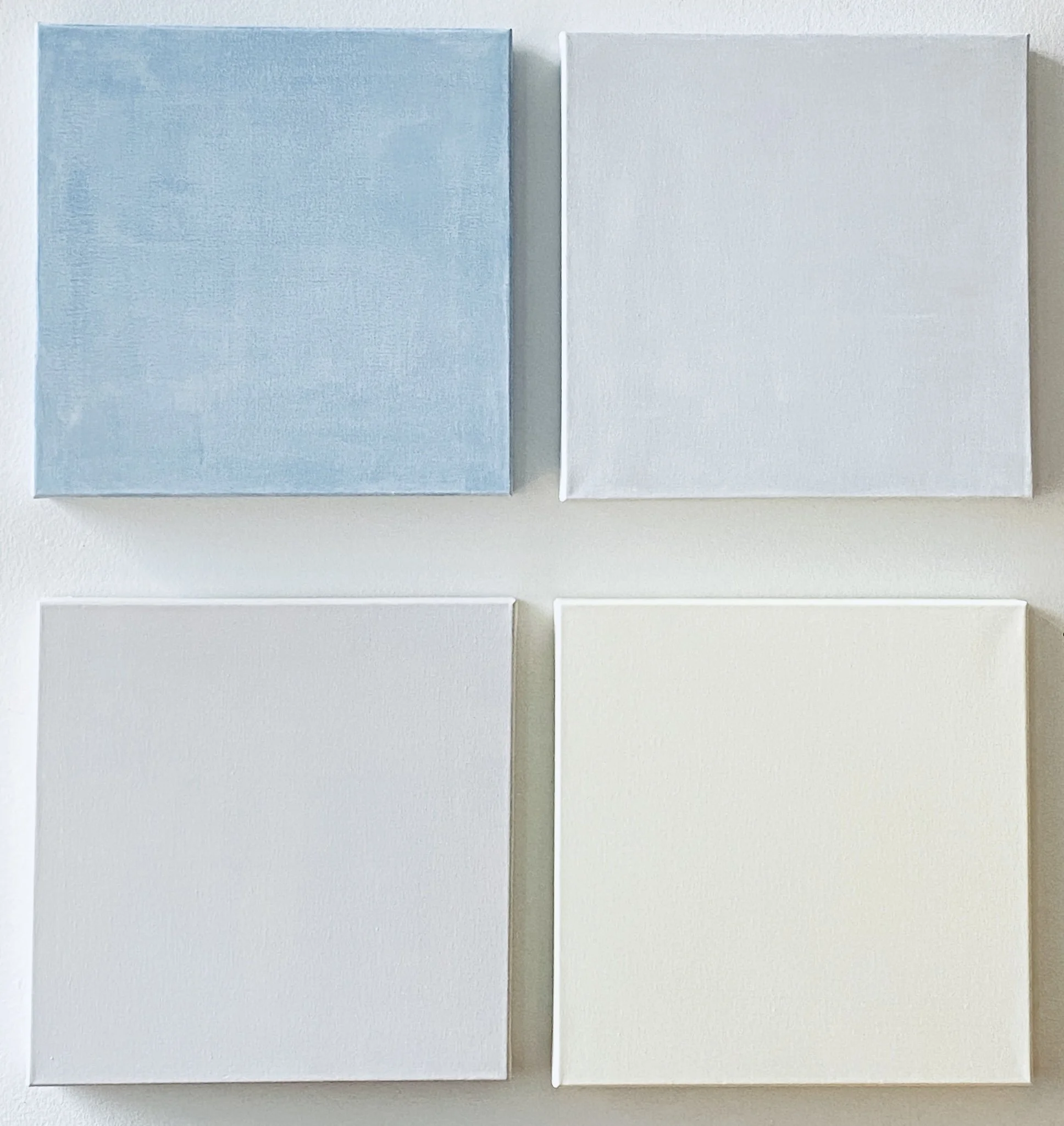 Two blank canvases, one painted light blue and the other white, mounted on a white wall.