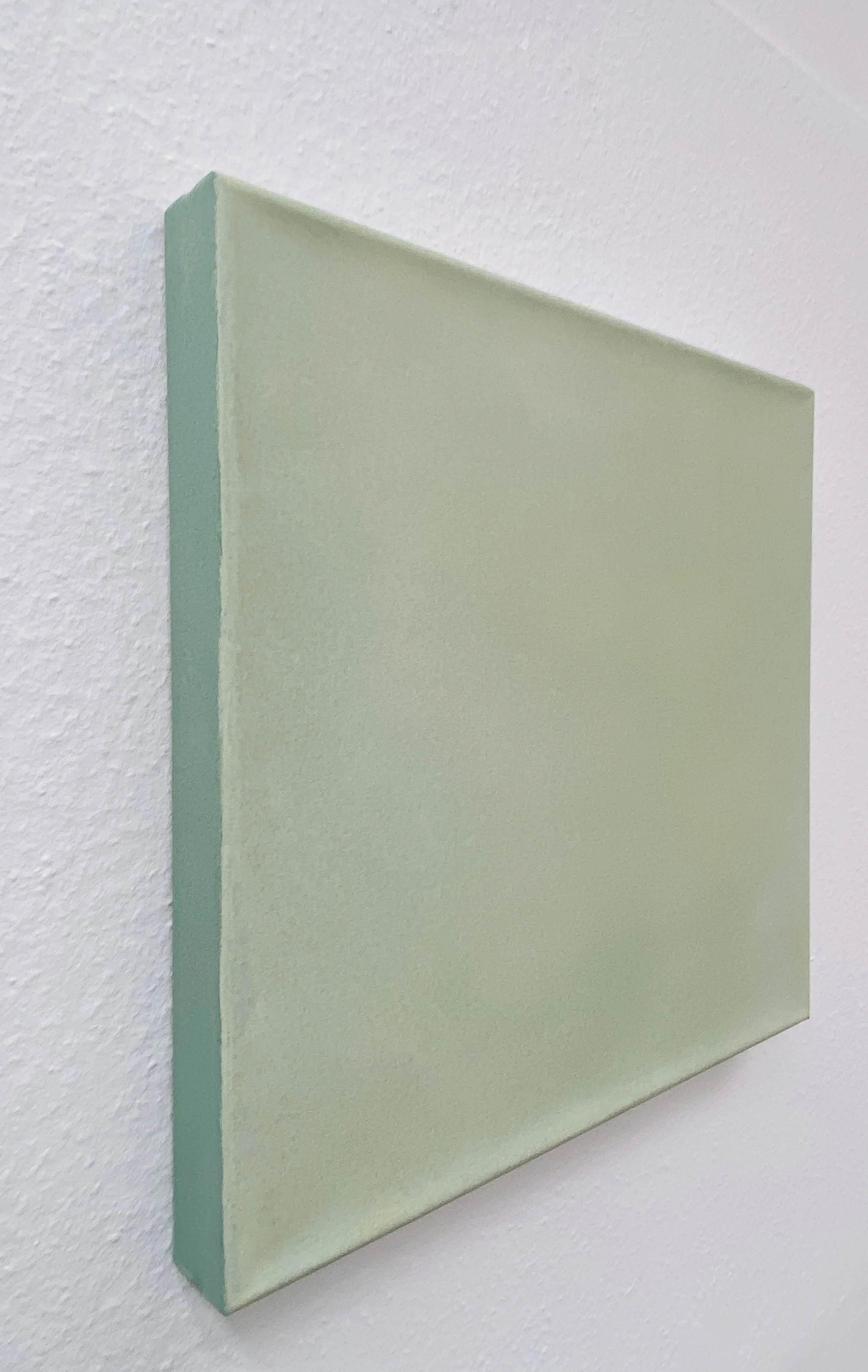 Close-up of a pale green foam board mounted on a white textured wall.