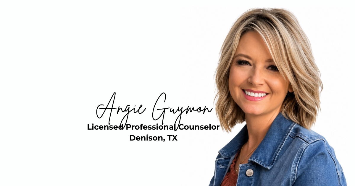Portrait of a woman with blonde wavy hair, wearing a denim jacket, smiling against a plain white background. Overlaid text reads: 'Angie Guymon, Licensed Professional Counselor, Denison, TX.'