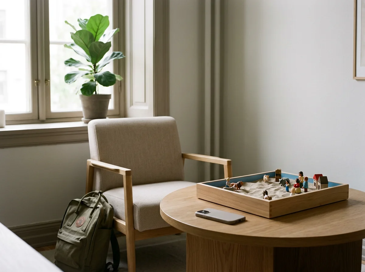 A room with a window with a potted plant and a beige armchair. A backpack is on the floor next to the armchair. On a wooden table, there is a smartphone and a wooden sandbox with small figurines of animals and people inside.