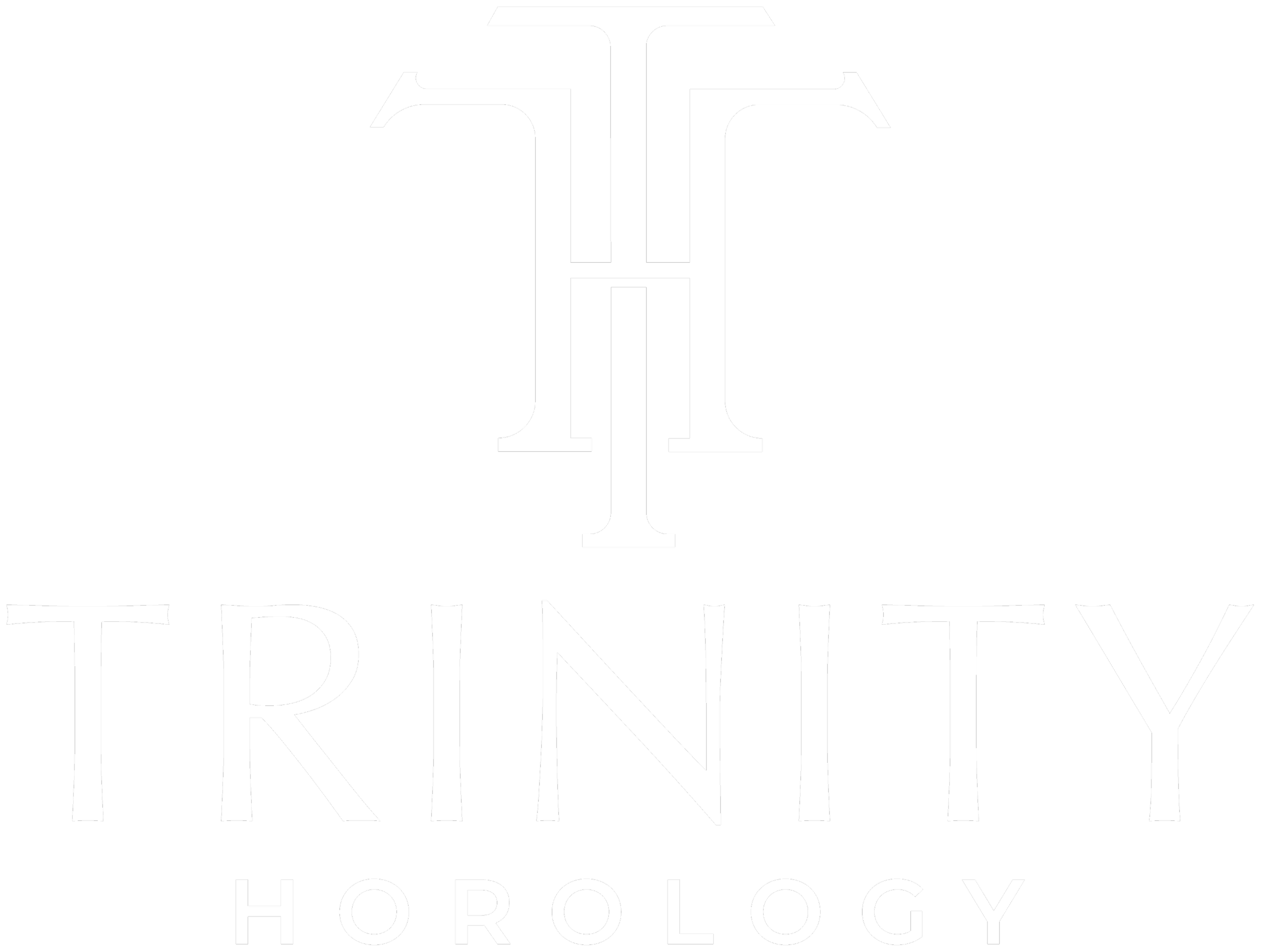 Schwarzes Hintergrundbild mit weißem Logo, das eine stilisierte hydraulische Pressvorrichtung zeigt, gefolgt von dem Text 'TRINITY horology'.