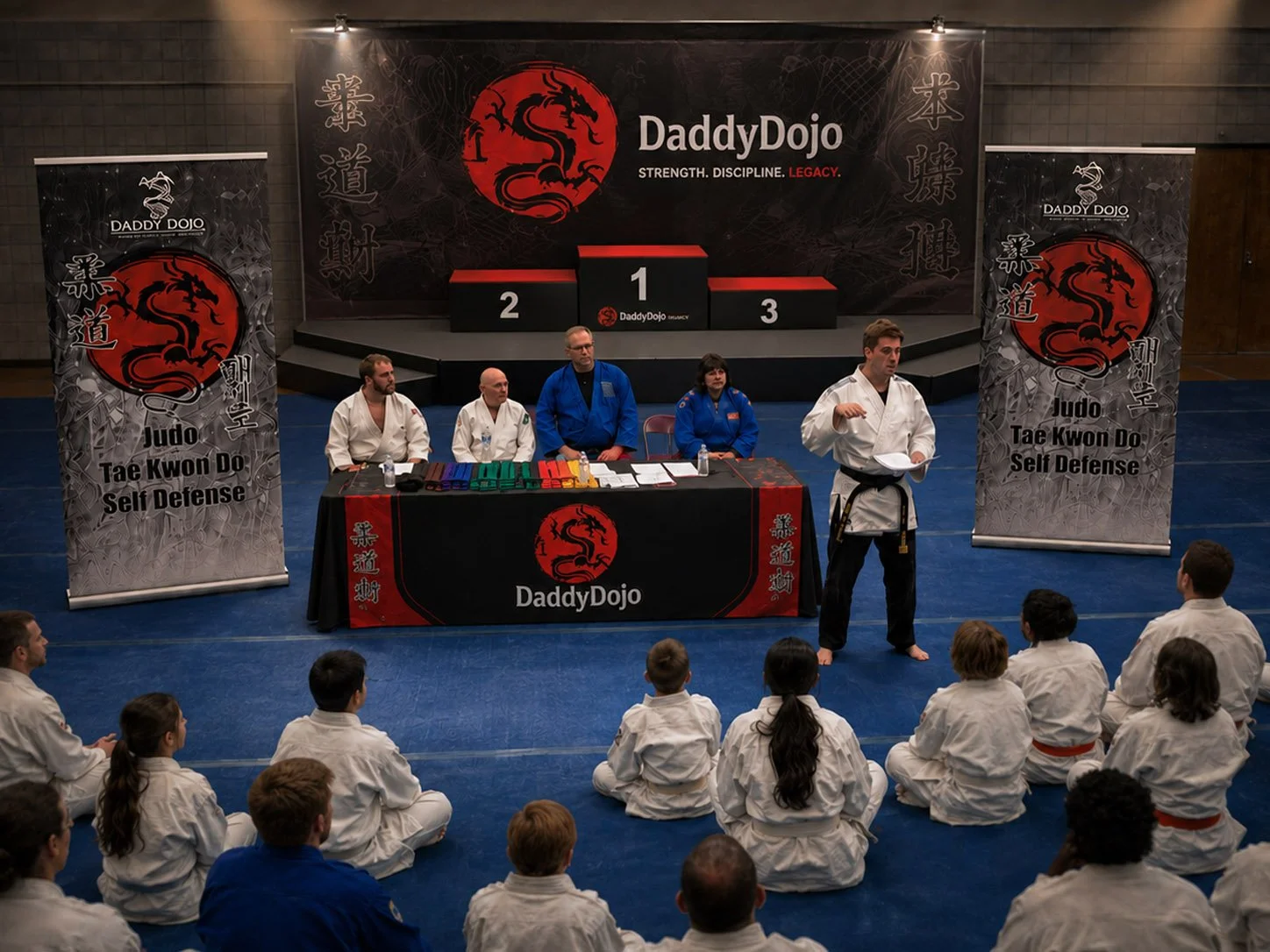 Banner Stands, Table Drapes, and Backwall graphics at a Judo test