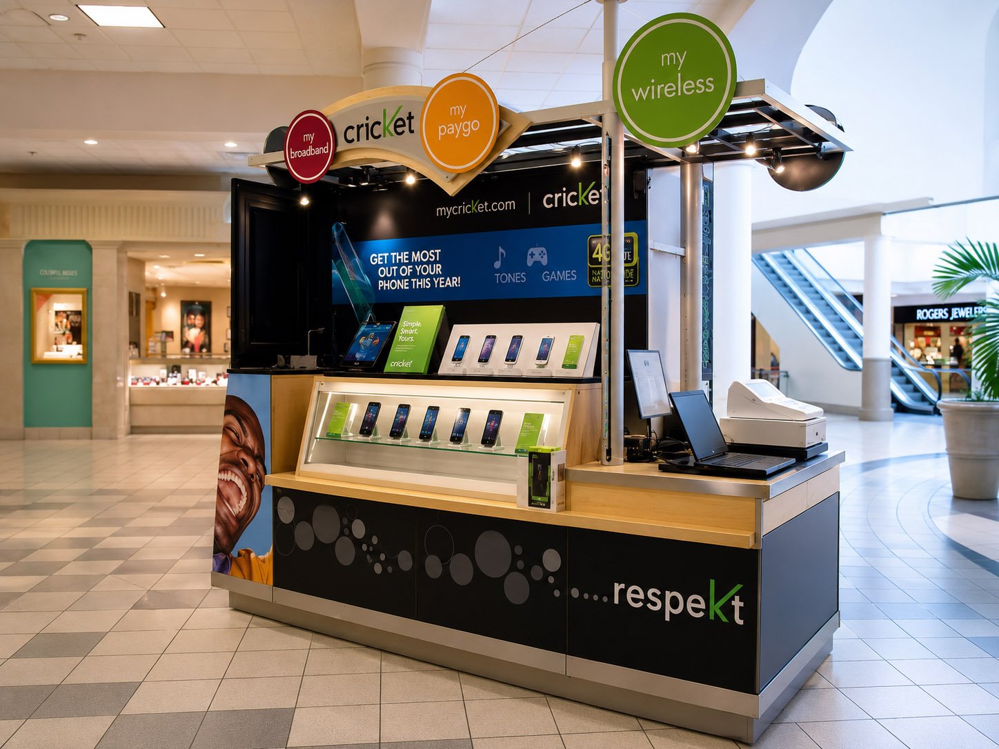 Mall Kiosk with Cricket marketing graphics
