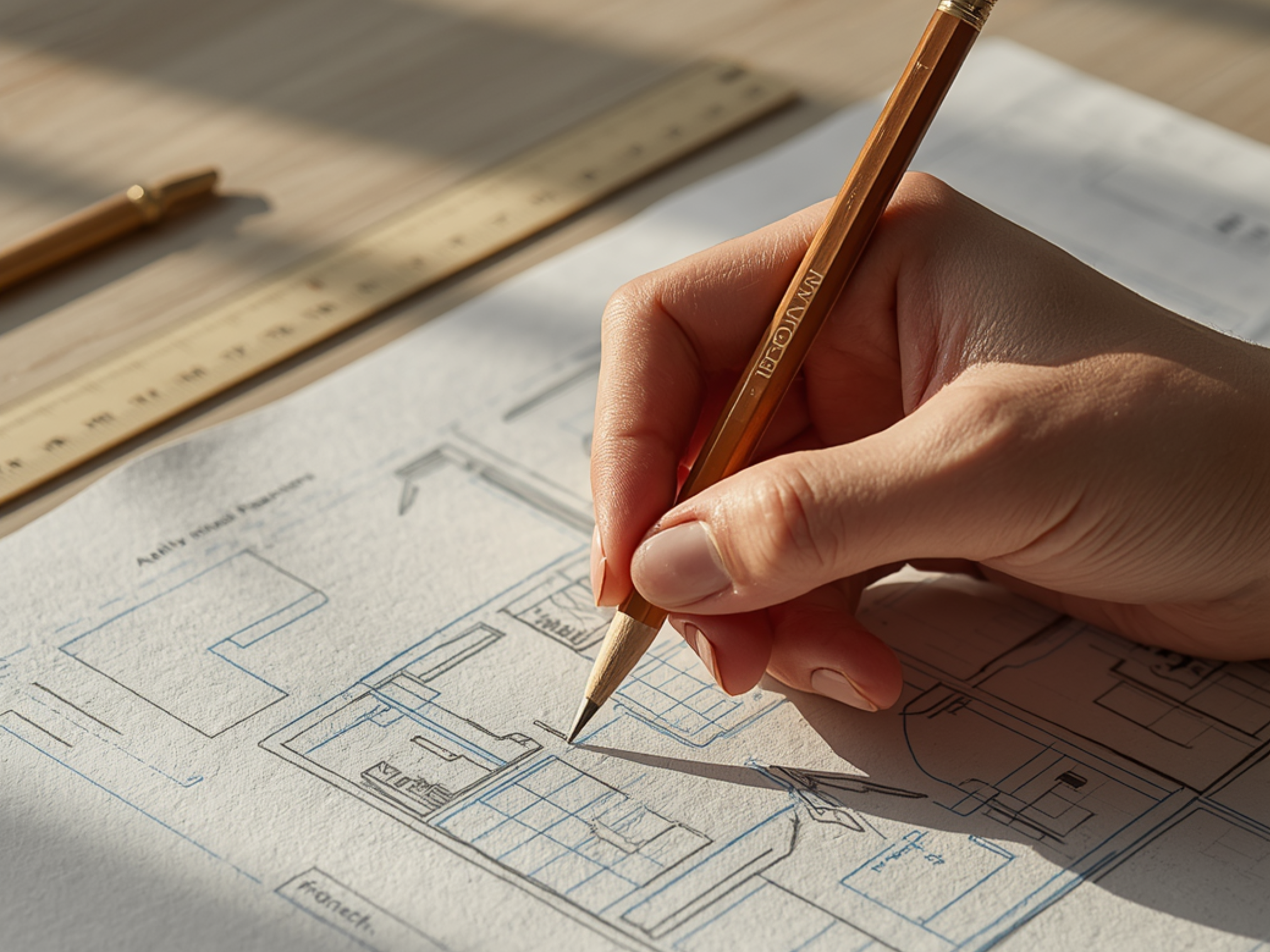 Someone drawing a detailed architectural blueprint or floor plan on paper, with a ruler and a pen nearby, in a well-lit workspace.