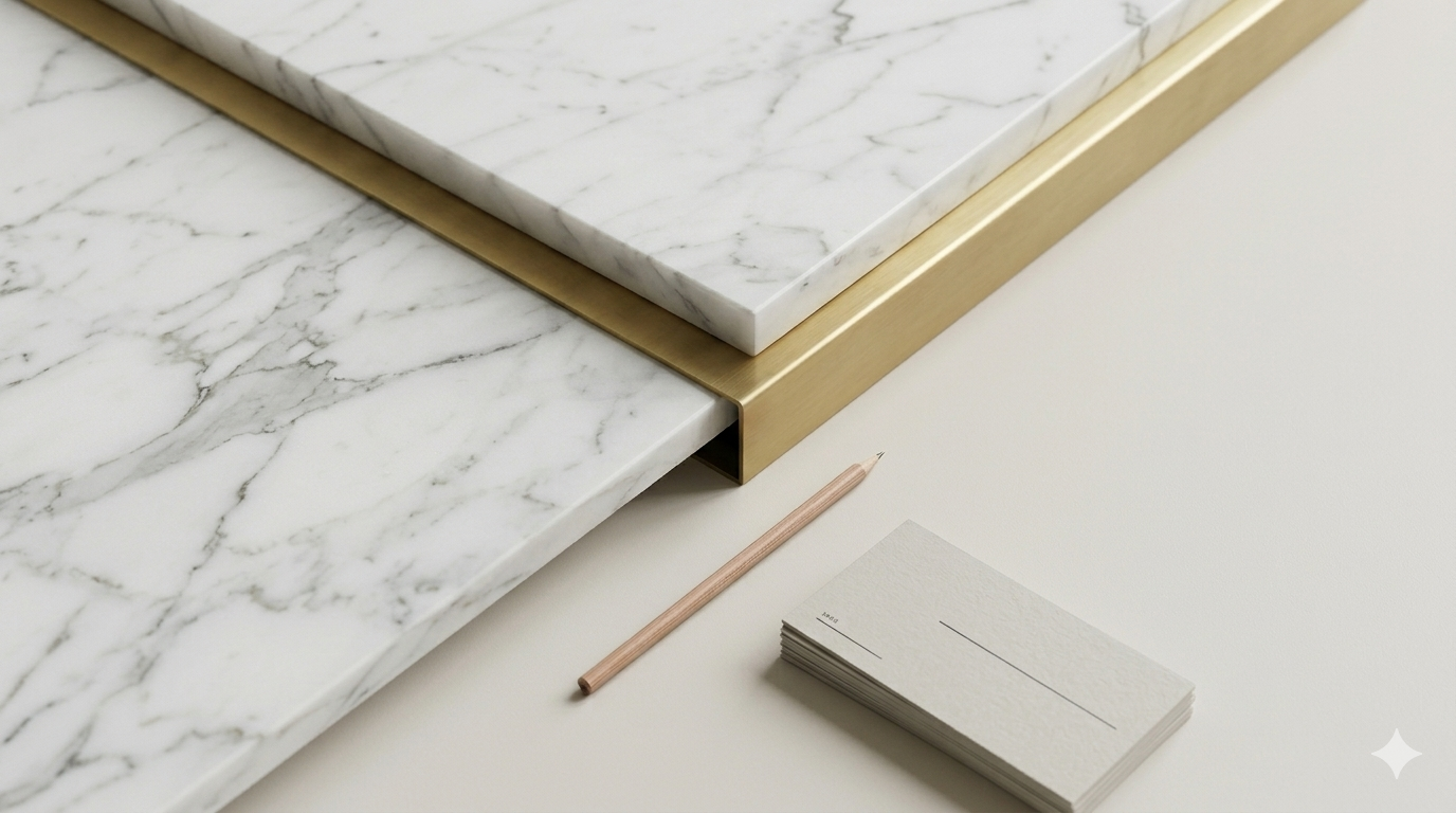 Close-up of a modern marble desk with a drawer for stationery, a pink pencil, and a stack of white index cards on a white surface.