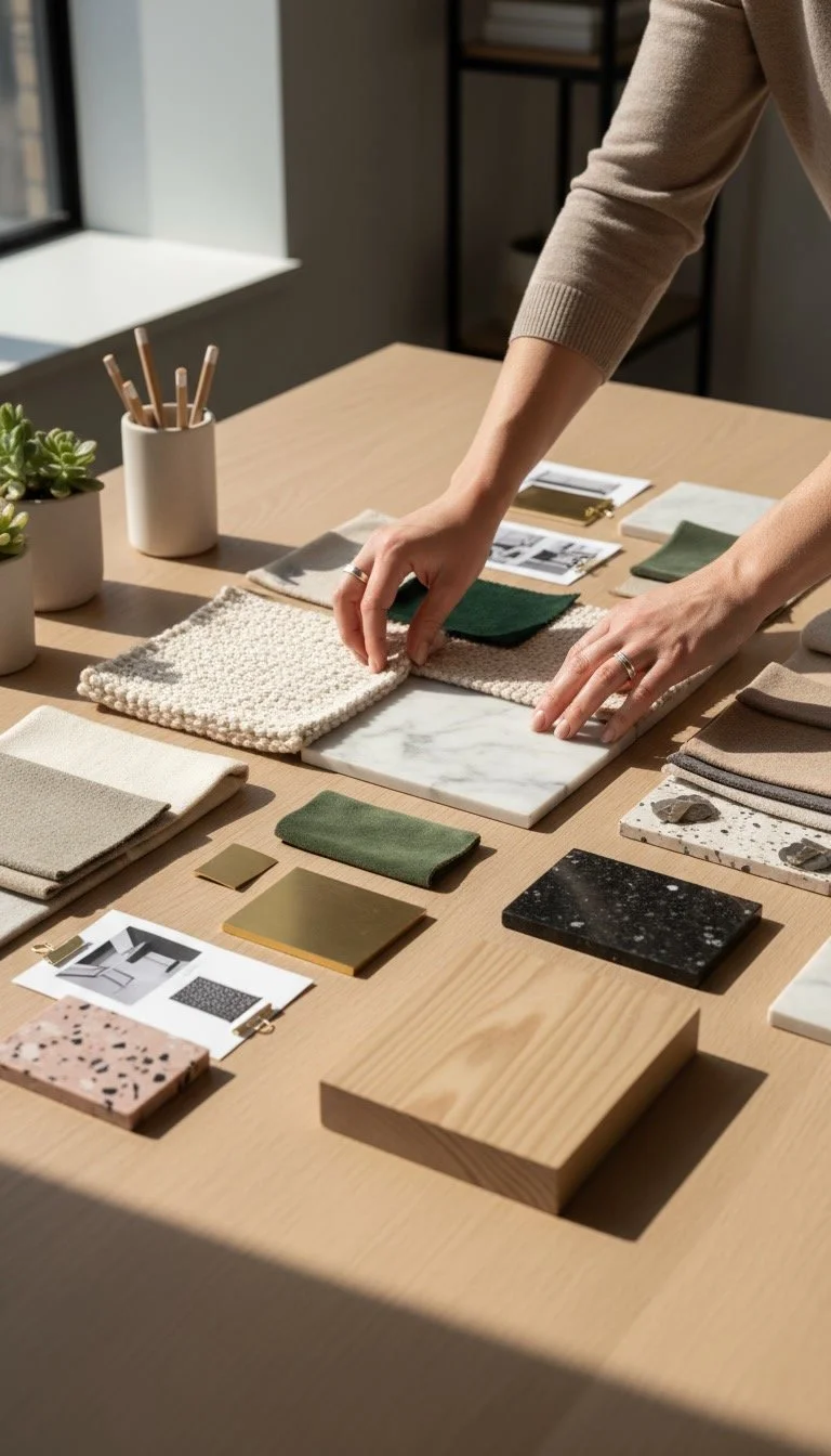 Interior design materials and fabric samples on a wooden table, representing the bespoke design process at Fudi Design.