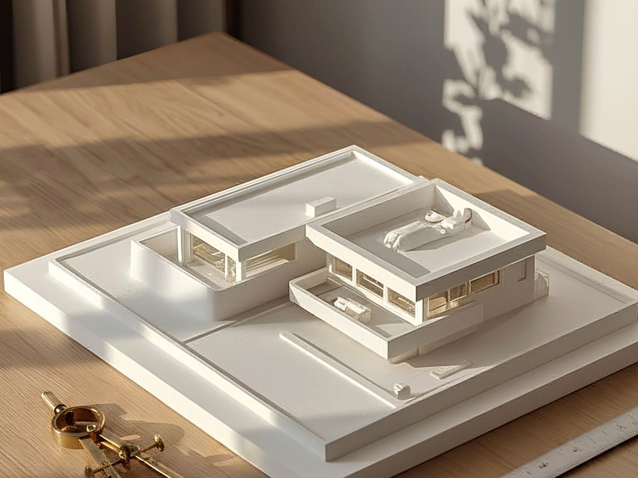 Architectural model of a modern building on a wooden table with architectural tools around it.