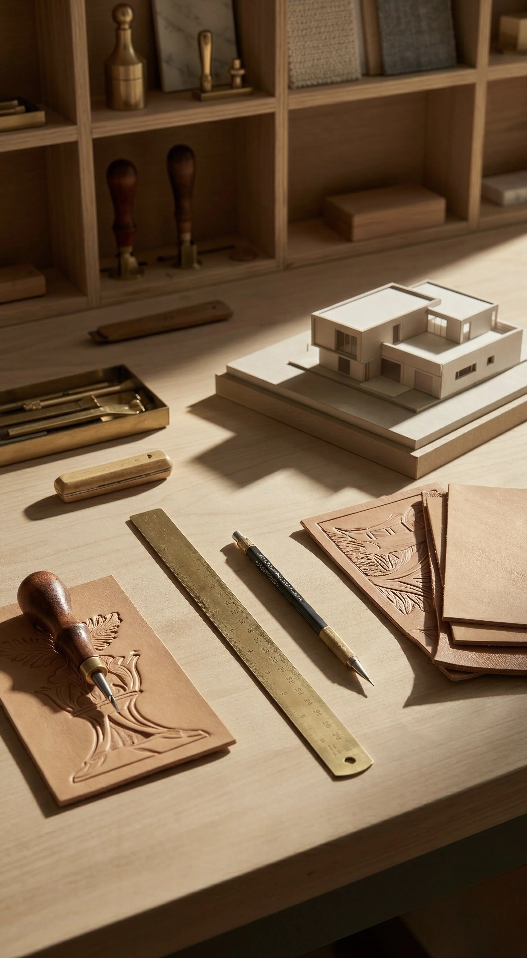 Architectural design model and drafting tools in a professional studio, showcasing the meticulous design precision of Fudi Design.