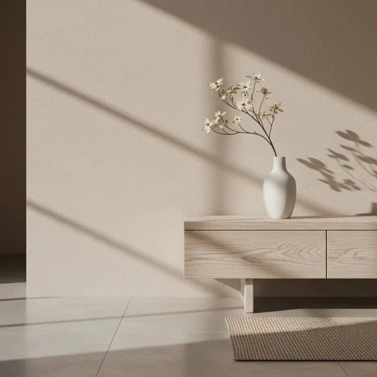 Minimalist organic interior aesthetic with soft natural lighting, a signature style of FUDI DESIGN.
