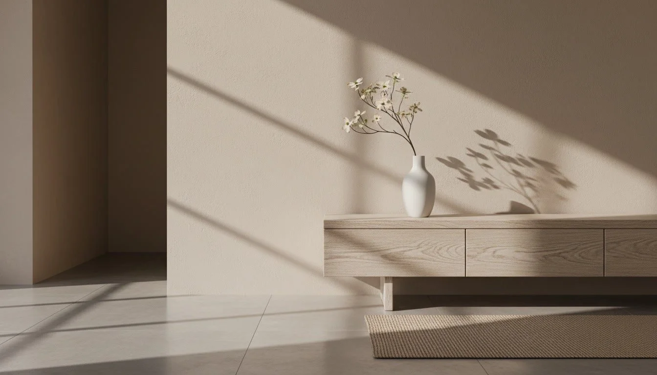 Minimalist interior with a light wood low cabinet, a white vase with flowers, and shadows cast by sunlight on the wall and floor.