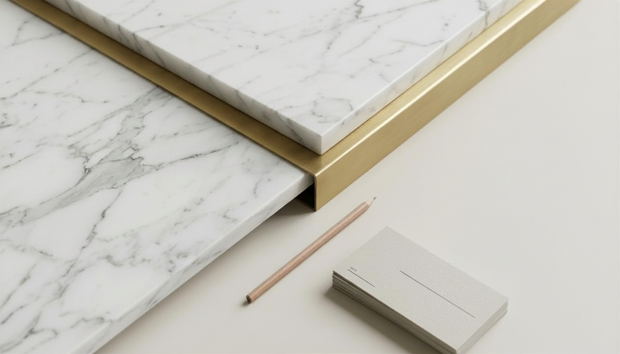 Close-up of a marble countertop with gold trim, a pencil, and a stack of samples or cards on a white surface