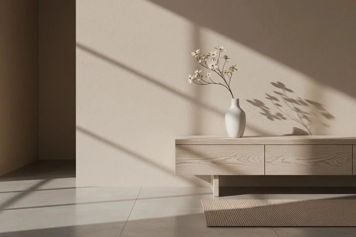 Minimalist room with a wooden sideboard, white vase with flowers, and shadow play on the wall.