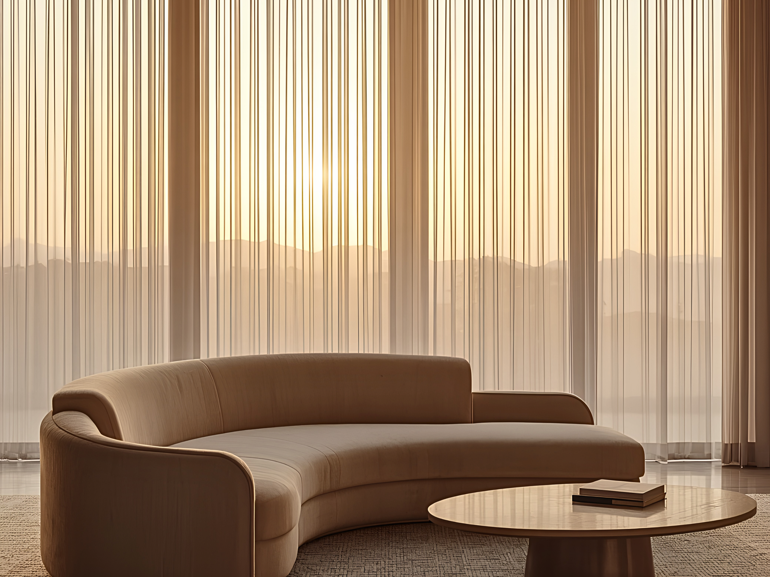 Living room with beige curved sofa, round coffee table with books, beige carpet, large window with vertical blinds allowing sunlight, and mountain view outside.