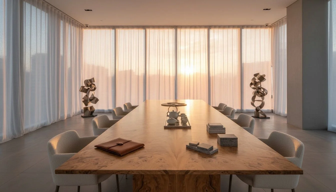 Sophisticated modern conference room interior design, reflecting the premium commercial space curation by Fudi Design.