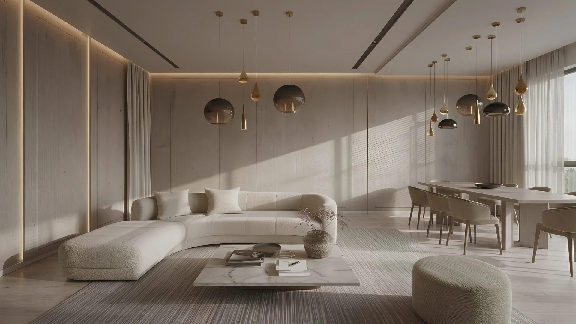 Elegant living room interior design with curved white sofa and marble coffee table, showcasing Fudi Design‘s refined contemporary style.