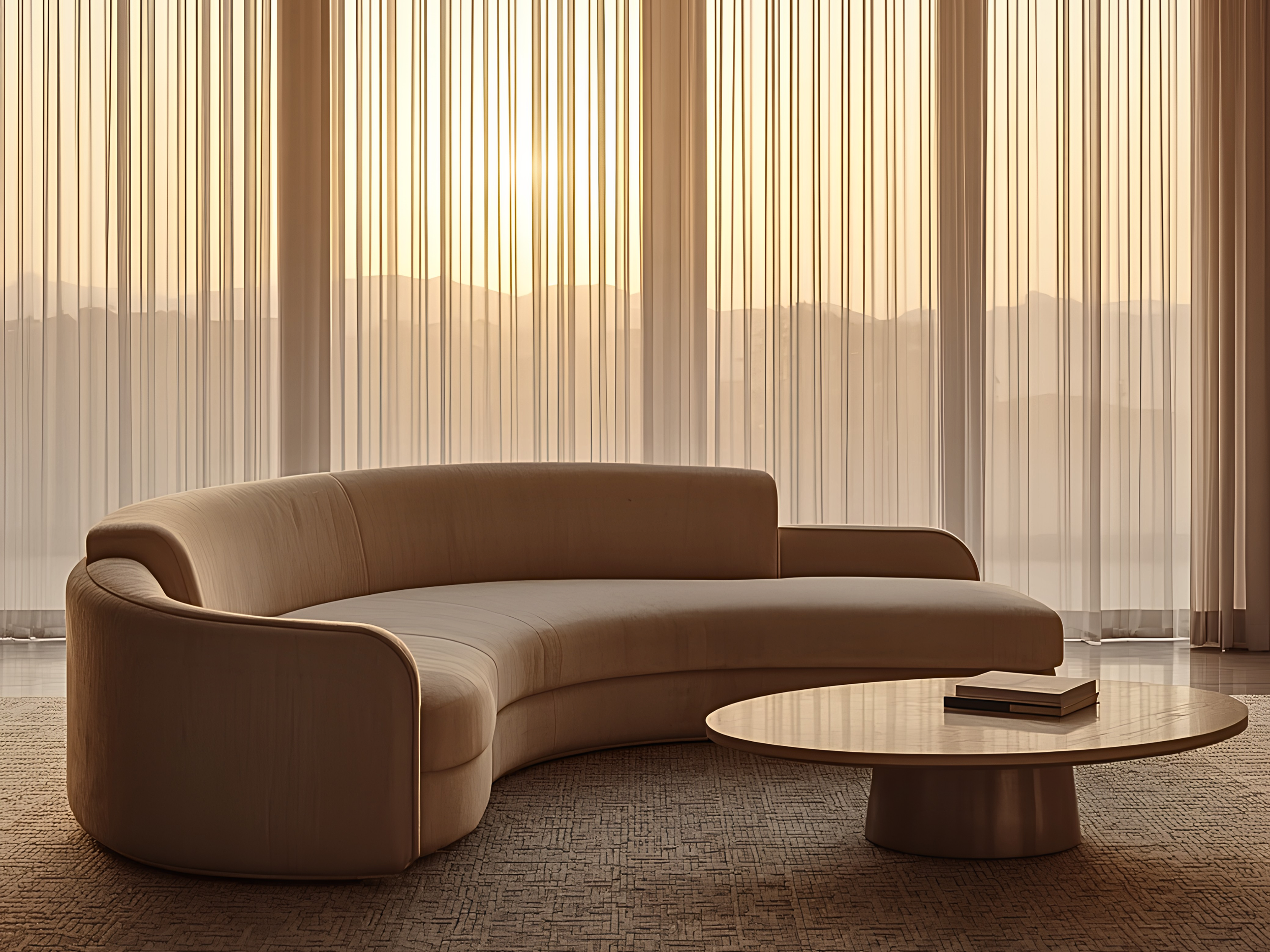 Living room with a beige curved sofa, a round coffee table with books, a textured beige carpet, and large windows with vertical blinds allowing sunlight to stream in, overlooking distant mountains.