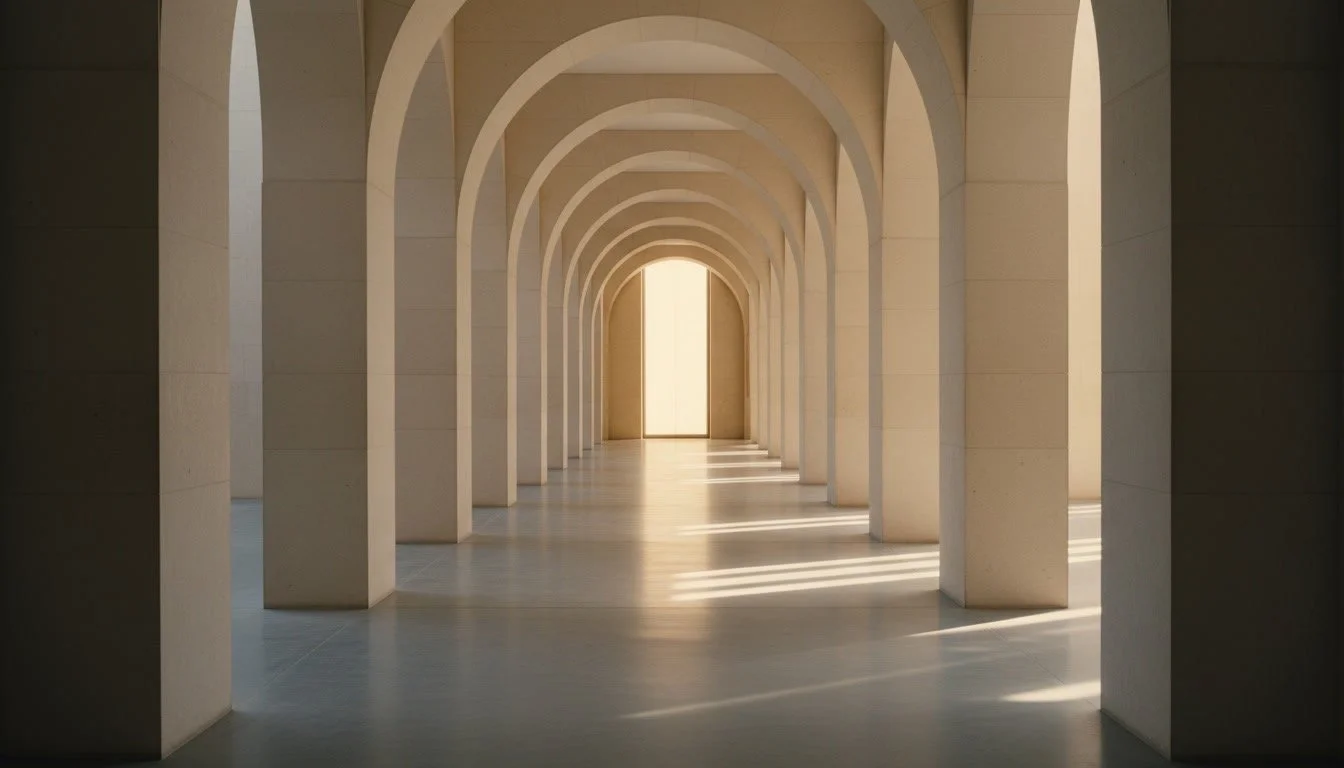 A corridor with multiple arches and sunlight streaming through a door at the end.