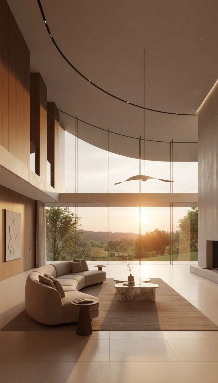 Modern living room interior design with floor-to-ceiling windows, exemplifying Fudi Design’s signature organic modernism.