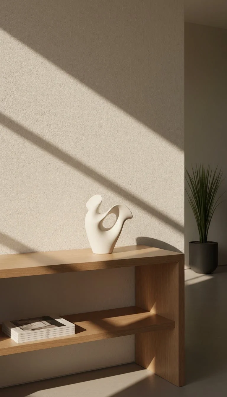 FUDI DESIGN, minimalist interior design, abstract sculpture on wooden shelf, sunlight and shadows, organic Zen aesthetic.