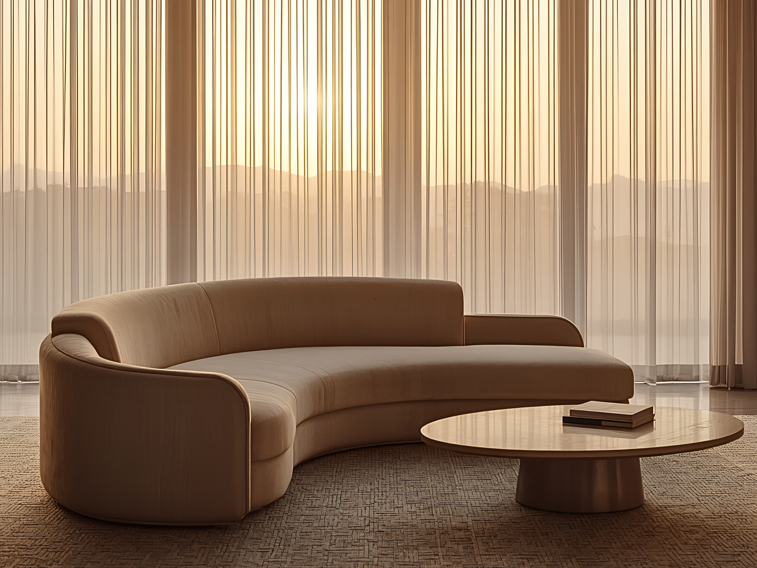 Modern living room design featuring bespoke beige curved furniture, curated by FUDI DESIGN.