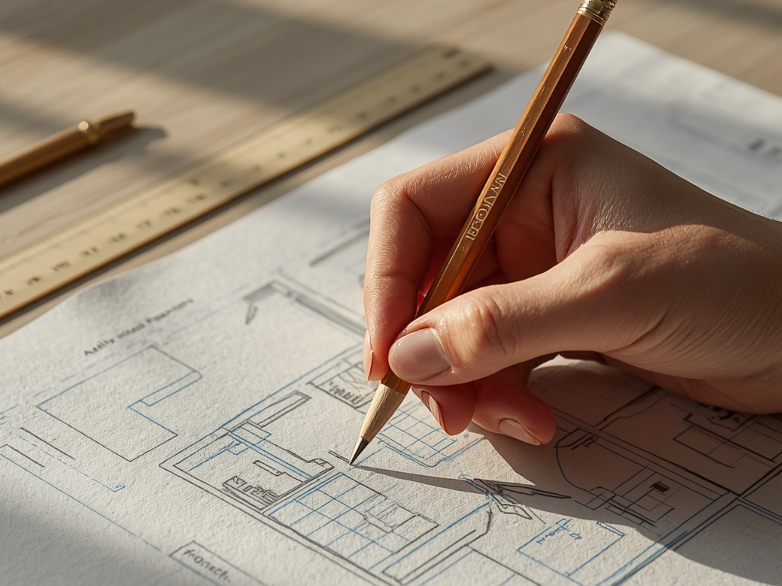 Detailed architectural drafting and space planning process for custom interiors by FUDI DESIGN.