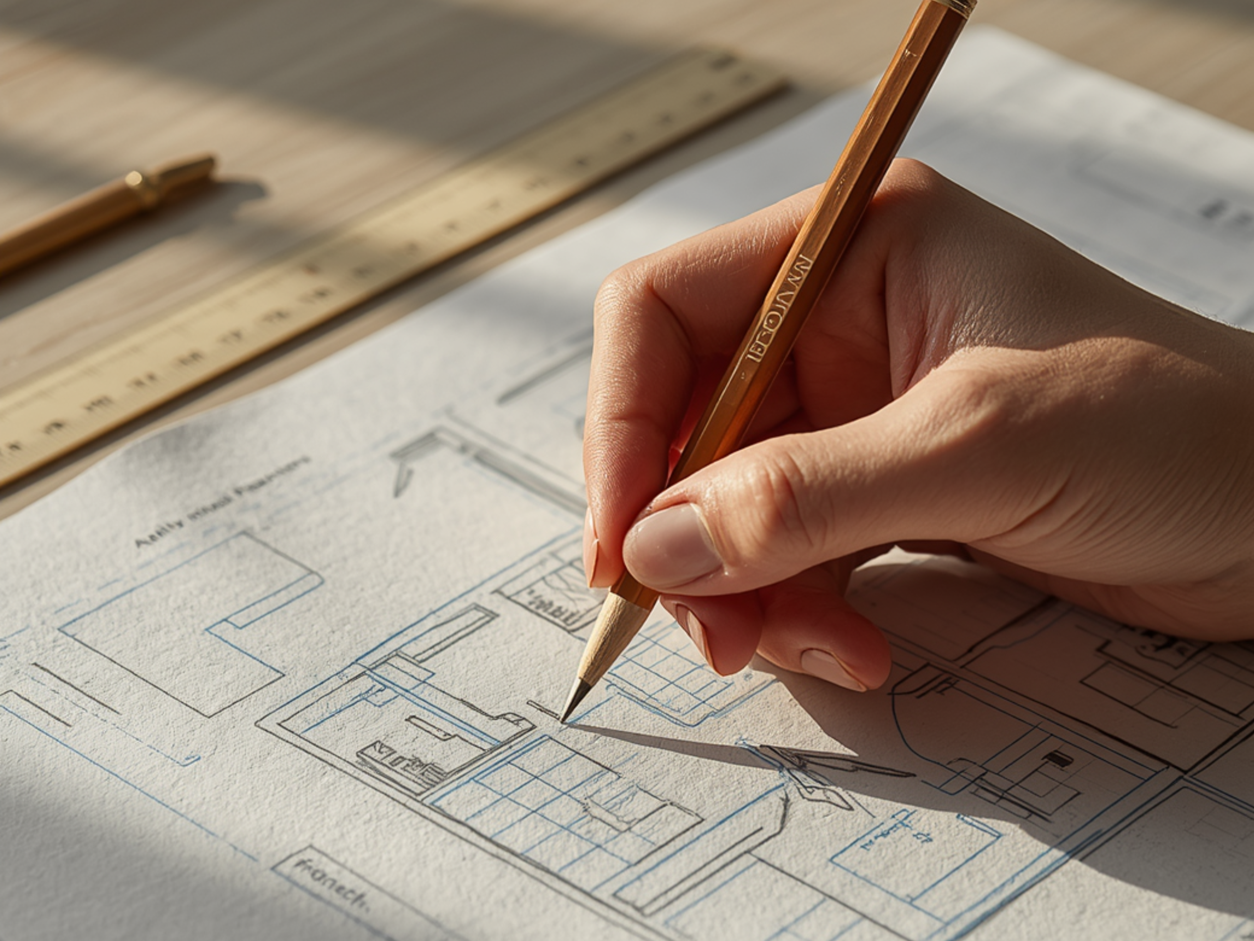A person drawing architectural house plans on paper with a pencil, with a ruler nearby.