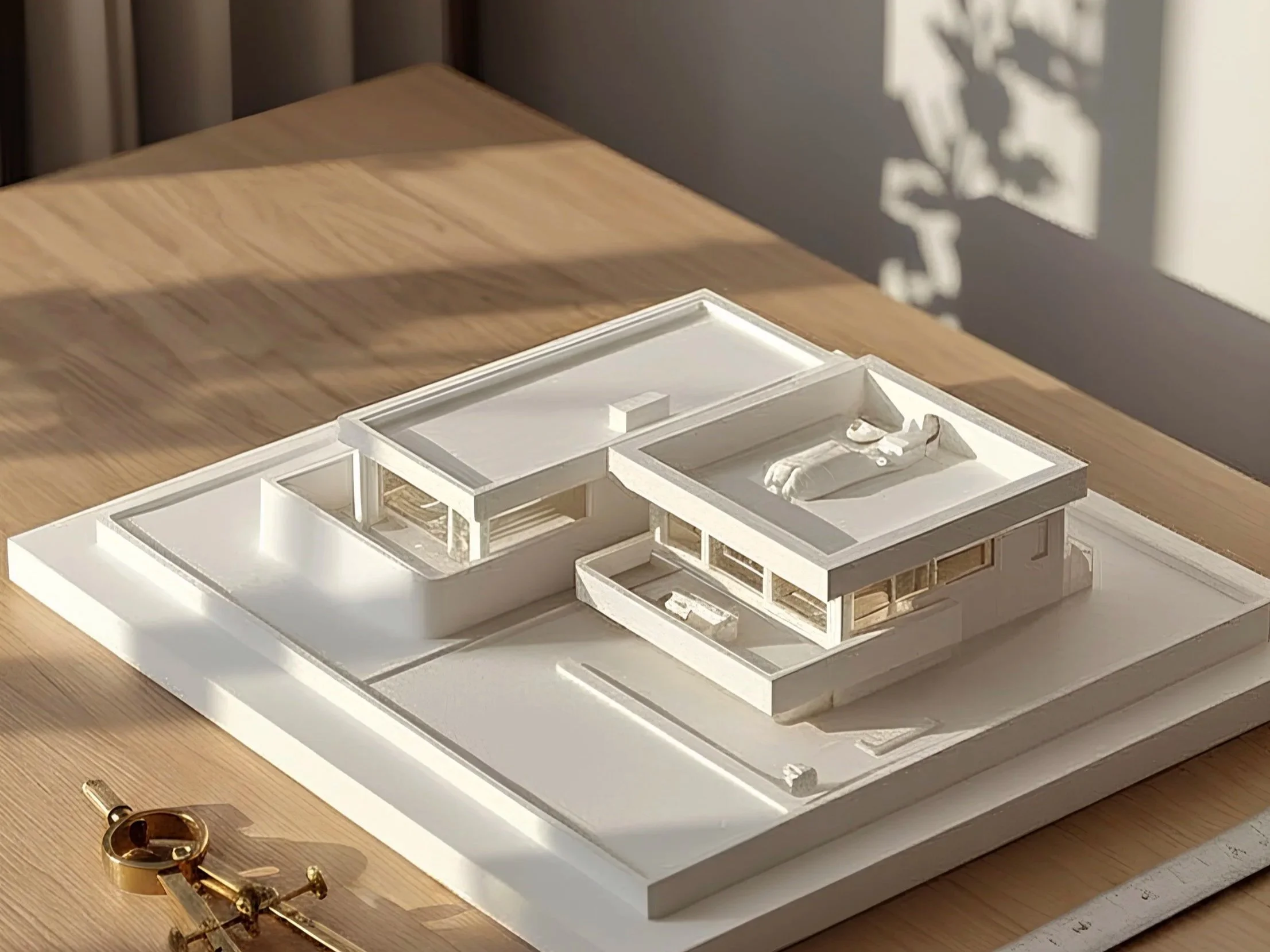 Architectural model of a modern, multi-story building on a wooden table with scattered gold-colored hardware and a shadow of a plant in the background.