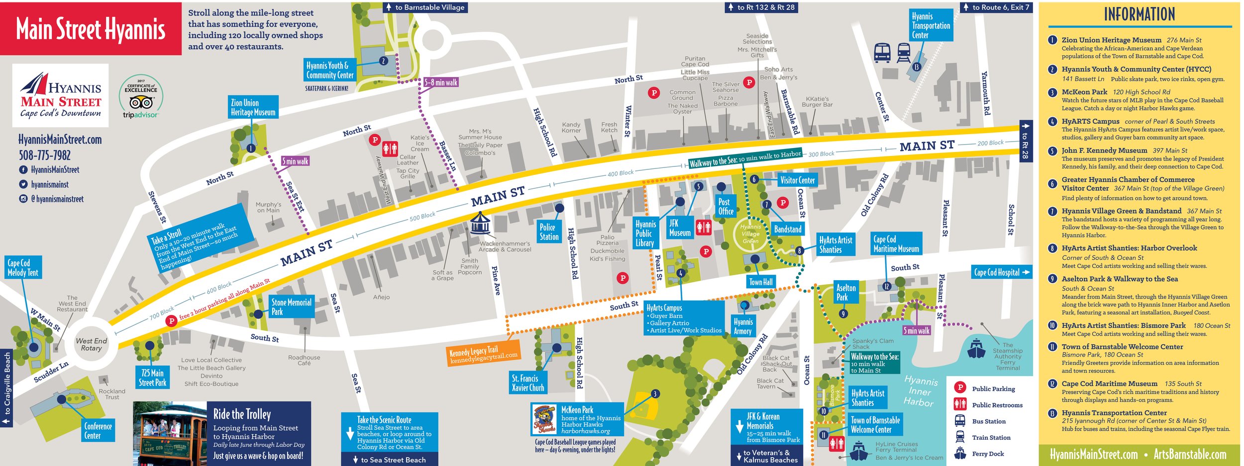Map of Main Street Hyannis, showing attractions, landmarks, and facilities including parks, museums, cultural sites, transportation stops, and walking routes in Hyannis, Massachusetts.